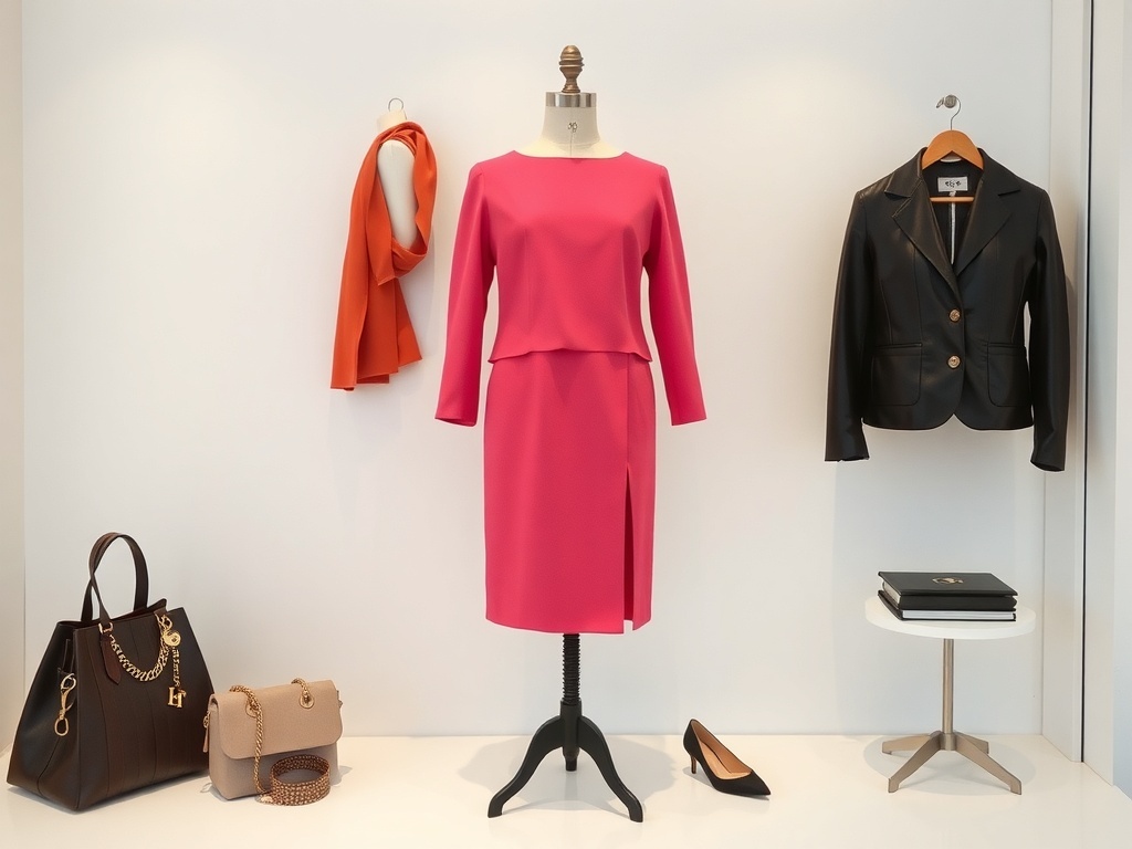 A vibrant pink pencil skirt displayed on a mannequin with accessories including a blazer, handbags, and shoes.