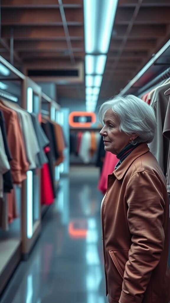A woman with silver hair shopping for clothes in a stylish store.