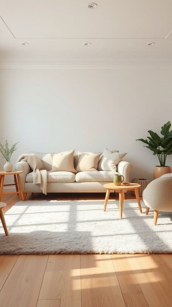 A cozy living room featuring a soft rug, light-colored sofa, and wooden furniture.
