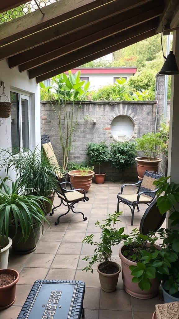 A cozy patio with potted plants and seating, showcasing an inviting outdoor space.