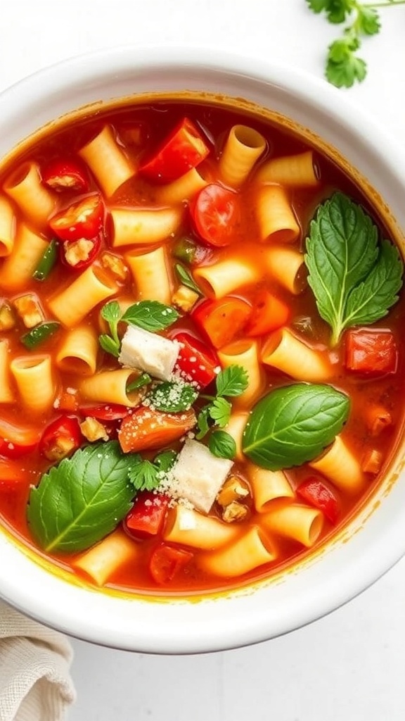 A bowl of colorful minestrone soup with fresh vegetables and herbs.