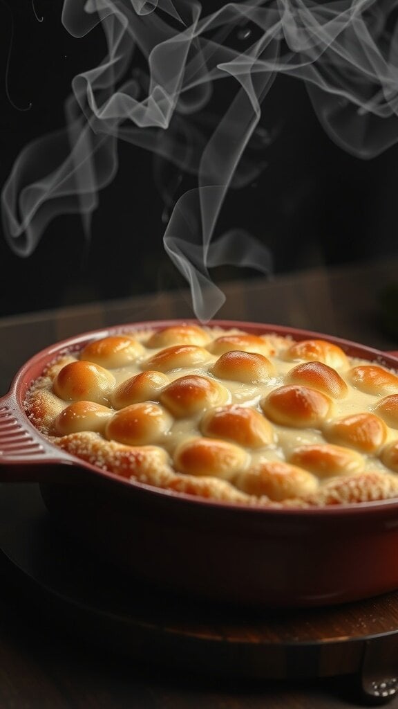 A family gathered around a table with a large casserole dish, looking curiously at the food.
