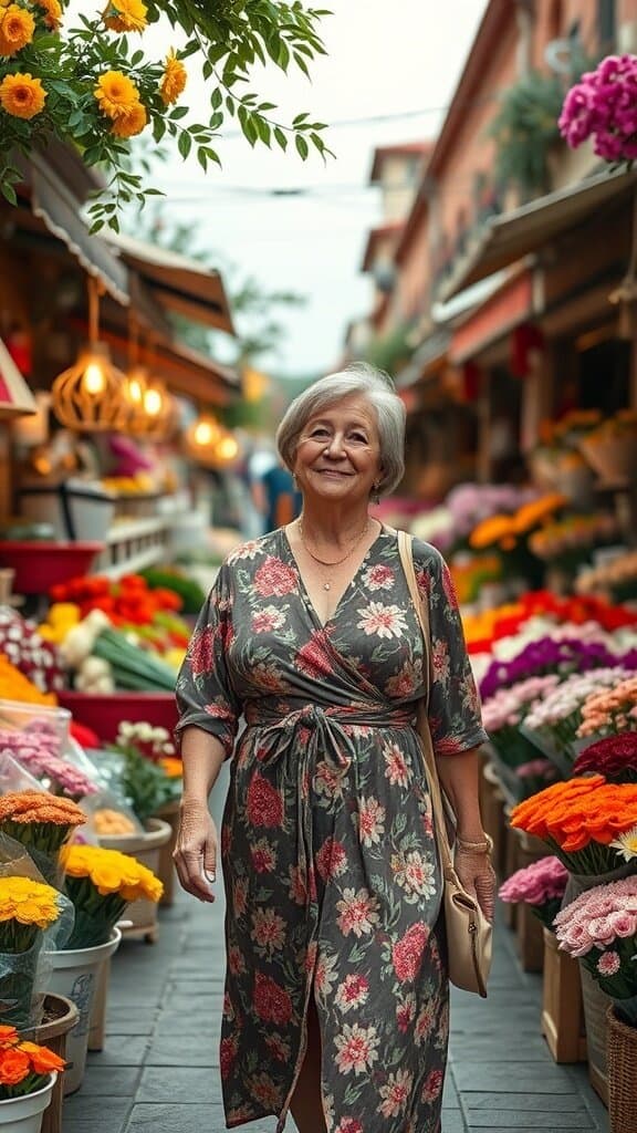 A woman over 50 wearing a floral wrap dress, walking through a flower market filled with colorful blooms.