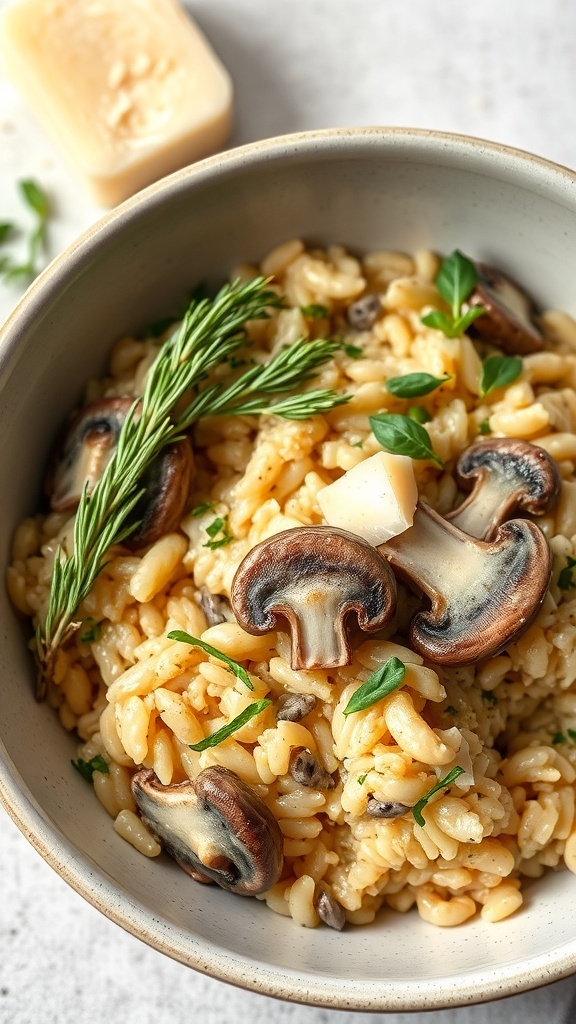 A bowl of creamy mushroom risotto topped with sautéed mushrooms and fresh herbs.