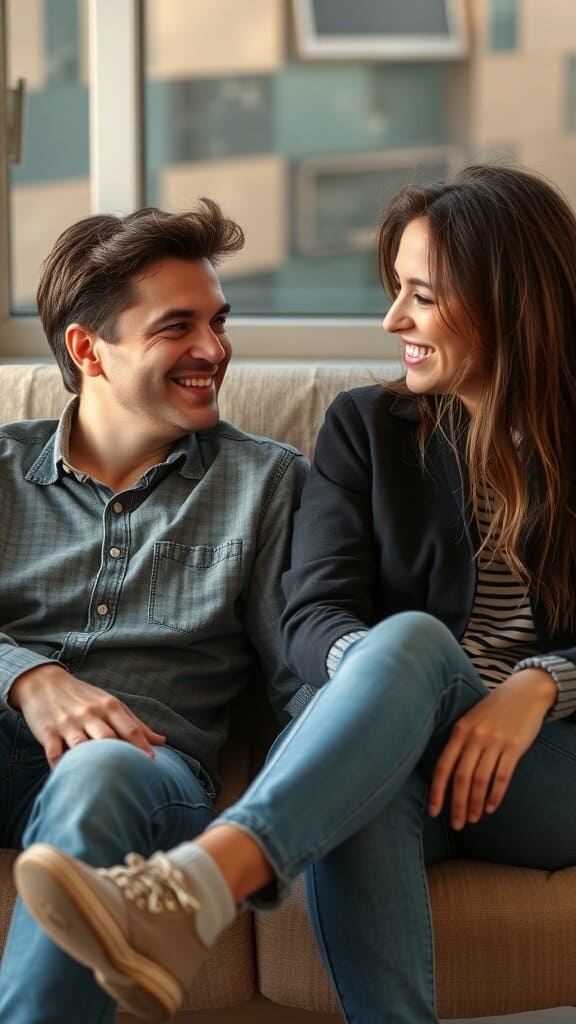 A happy couple sitting together, smiling and enjoying each other's company.