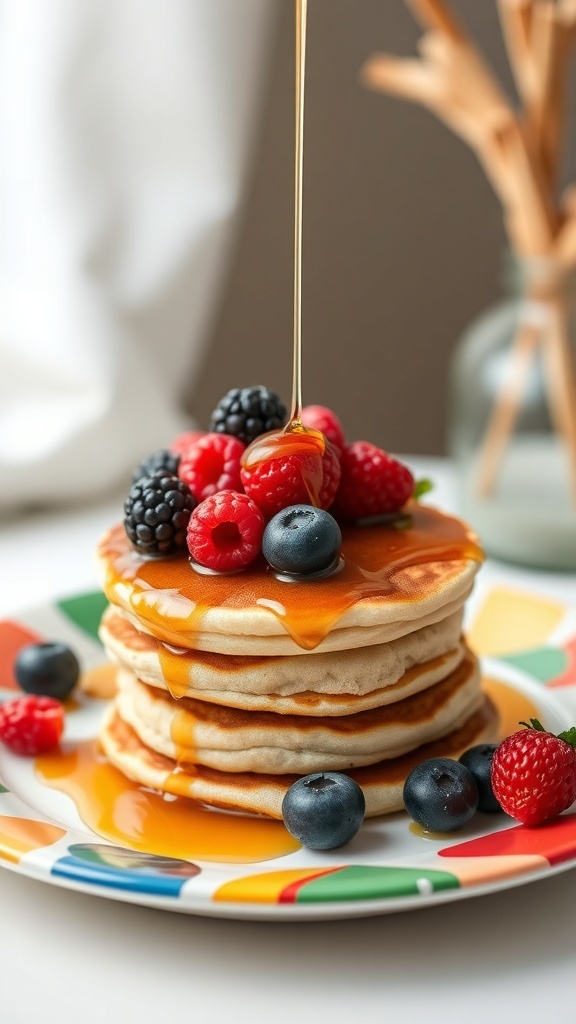 Mini pancake stacks topped with maple syrup and fresh berries on a colorful plate.