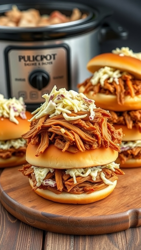 Pulled pork sandwiches with coleslaw on a wooden platter, with a crockpot in the background.