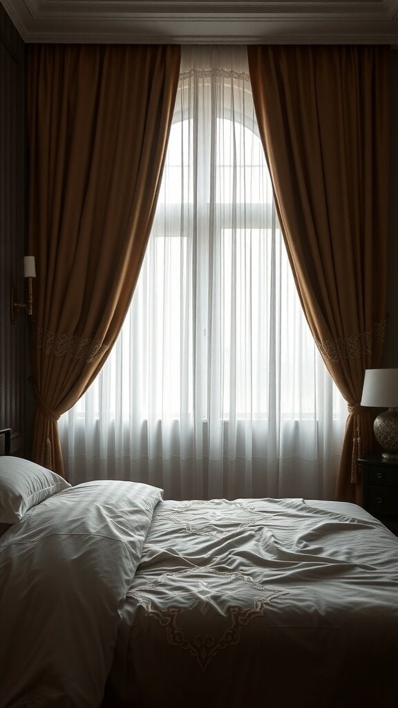 A cozy bedroom with layered window treatments featuring rich curtains and sheer fabric.