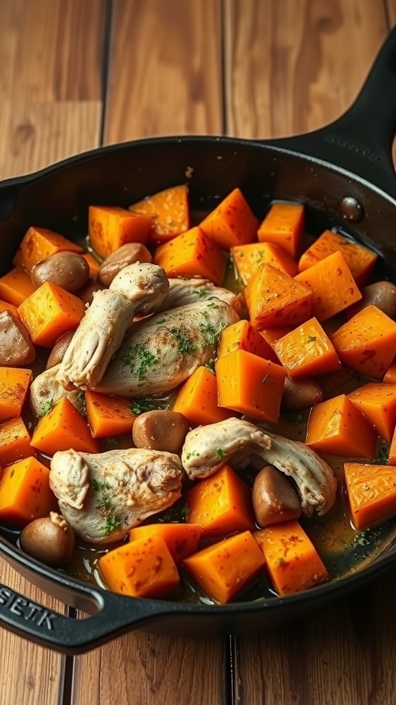 A skillet filled with cooked turkey, sweet potatoes, and mushrooms, showcasing a healthy meal prep option.