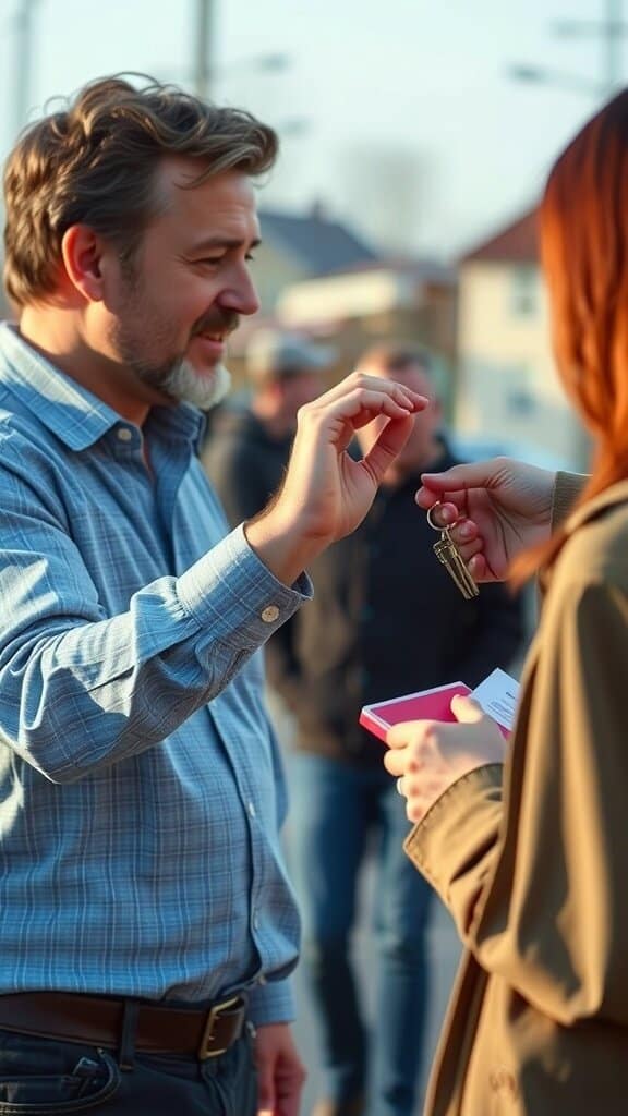 A man handing over keys to a woman, symbolizing trust.