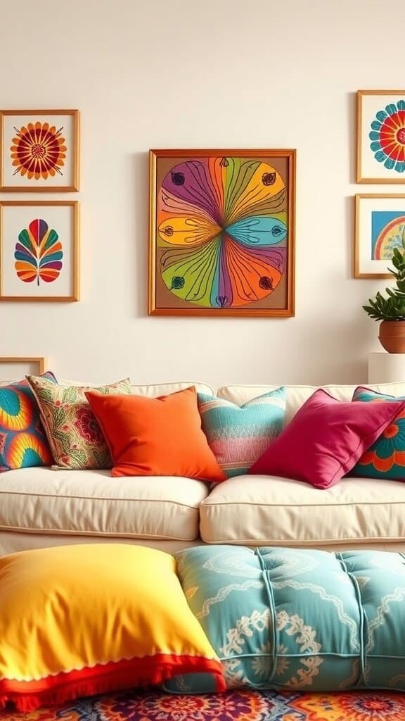 A cozy living room with colorful pillows and vibrant artwork on the walls.