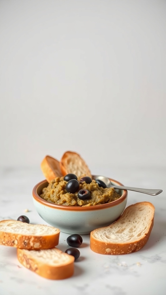 A bowl of olive tapenade with slices of bread around it.