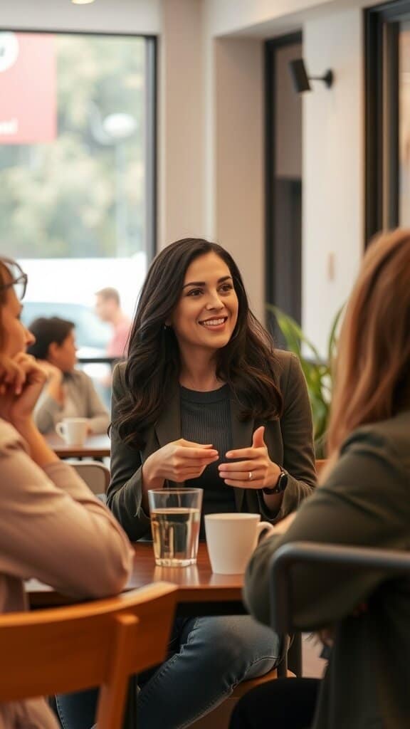 A woman confidently engaging in conversation with a group in a cozy café setting.