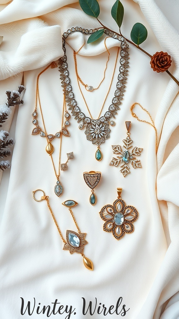 An assortment of elegant jewelry pieces displayed on a soft fabric background, featuring necklaces, pendants, and rings.
