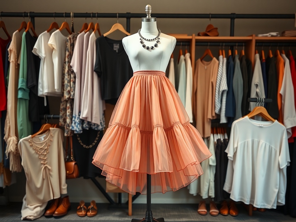 A peach midi skirt on a mannequin in front of a clothing rack filled with various tops and outfits.