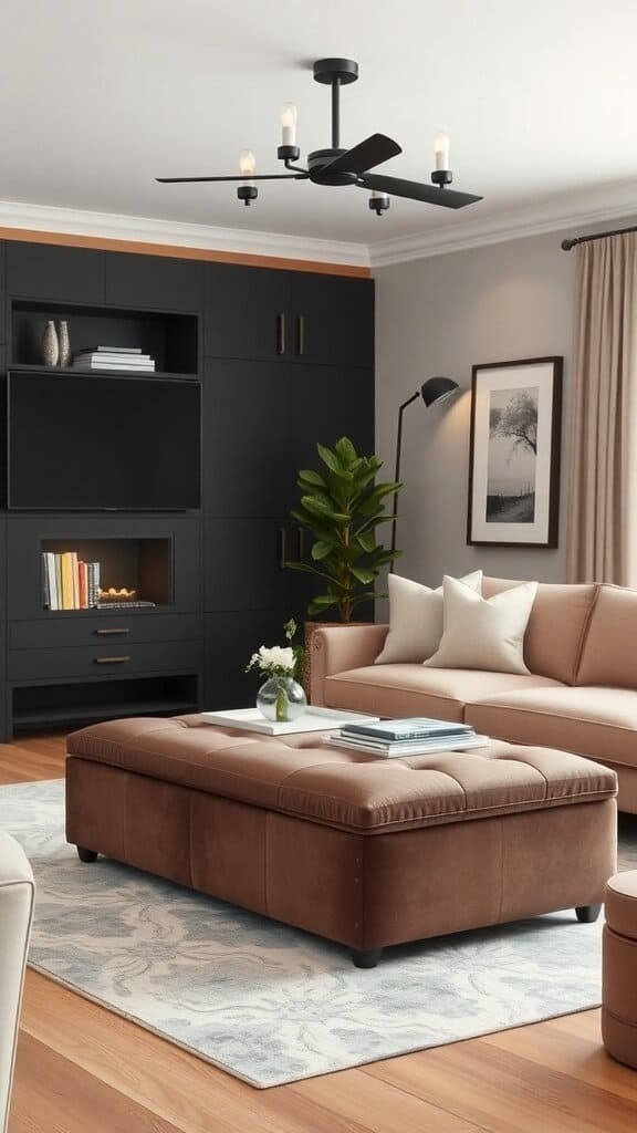 A cozy living room featuring a brown multi-functional ottoman, light-colored sofa, and modern decor.