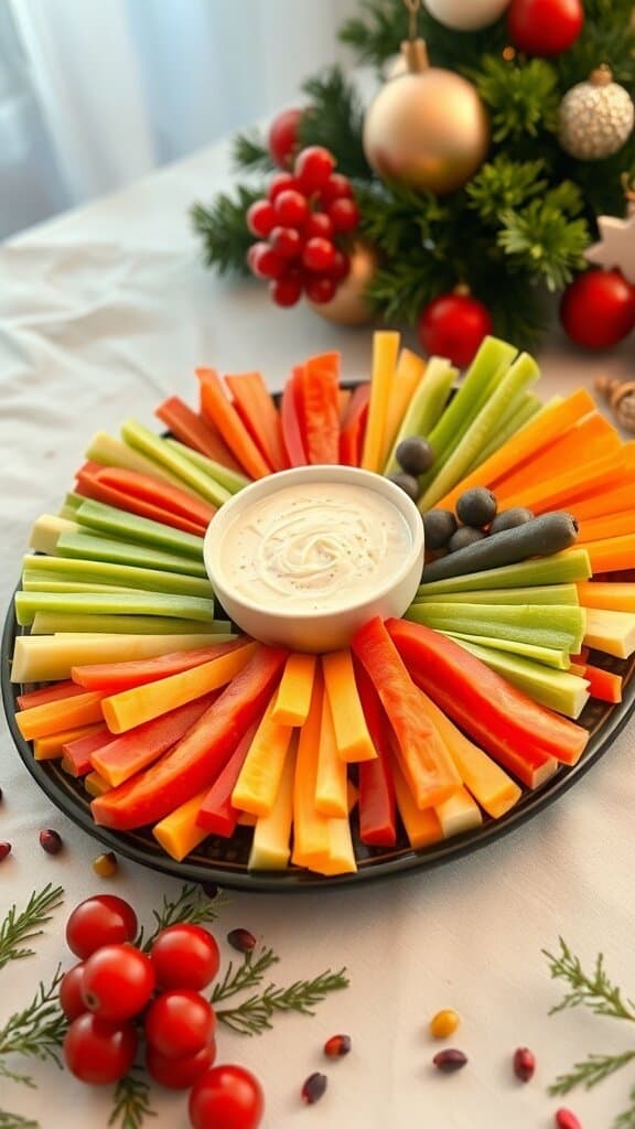 A colorful store-bought veggie platter with a variety of vegetables and a dip in the center.