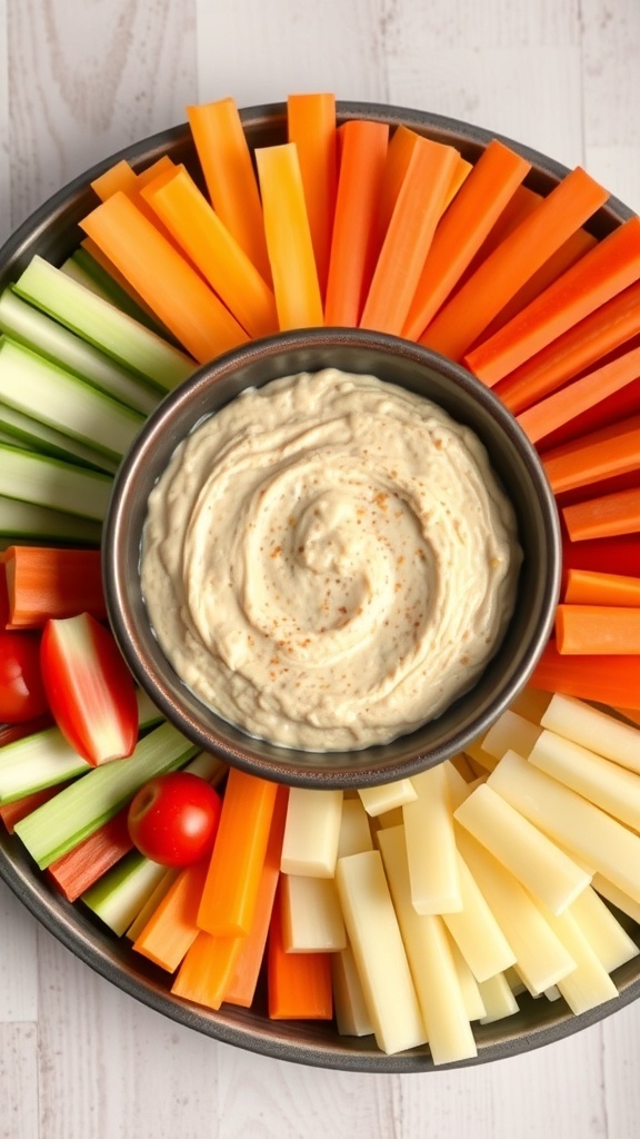 A colorful platter of fresh vegetables including carrots, celery, and bell peppers surrounding a bowl of creamy vegetable dip.