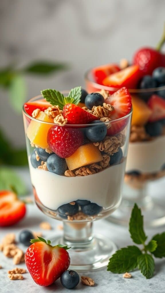 Colorful fruit and yogurt parfaits in clear glasses, topped with fresh fruits and granola.
