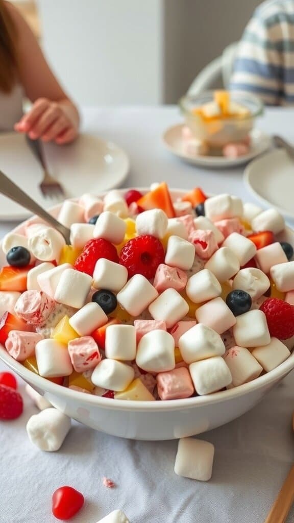 A colorful bowl of ambrosia salad with marshmallows and fruits.