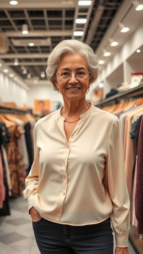 A confident older woman wearing a stylish button-up shirt in a clothing store.