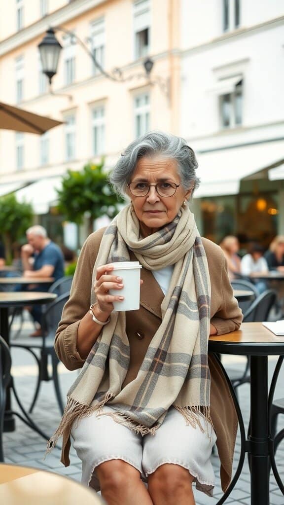 A stylish woman over 50 wearing a plaid scarf and a brown blazer, sitting at a café with a coffee cup.