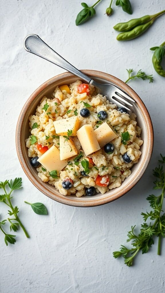 A bowl of vegetable risotto topped with Parmesan cheese and garnished with fresh herbs.