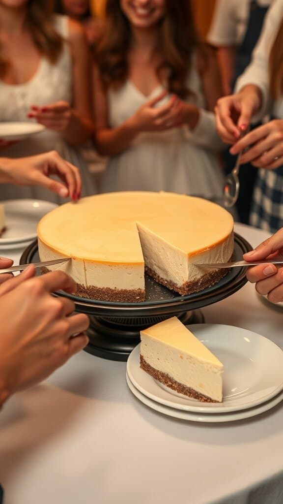 A group of friends serving and enjoying slices of cheesecake at a gathering.