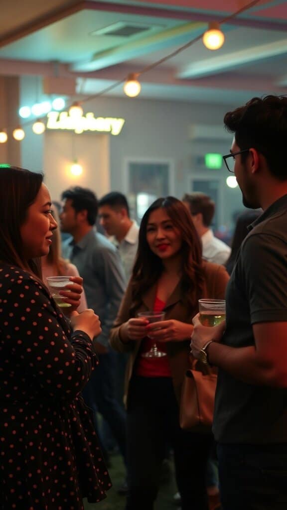 A group of people socializing at a gathering, enjoying drinks and conversation.