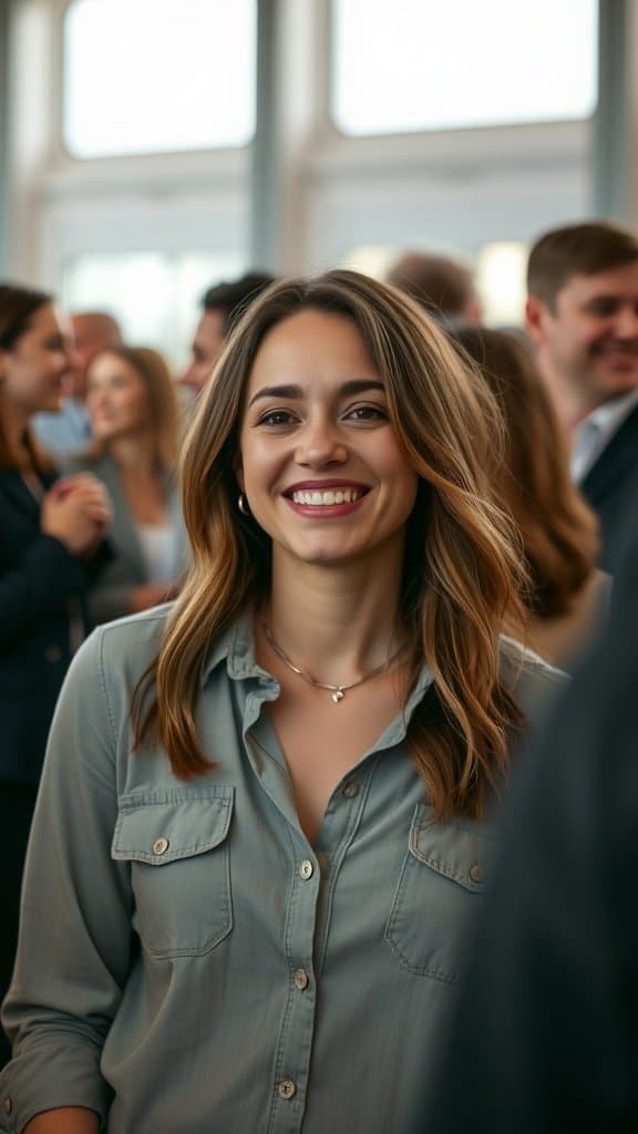 A woman smiling genuinely in a social setting, surrounded by people.