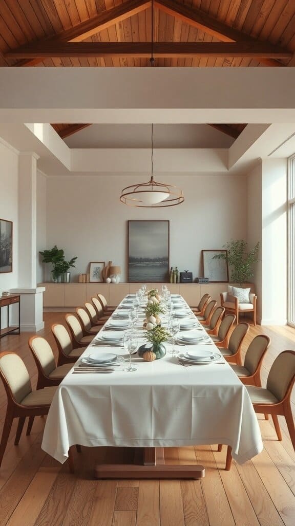 A spacious dining area with a long table set for a meal, featuring wooden beams and soft lighting.