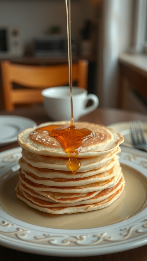 A stack of fluffy pancakes with syrup drizzling down.