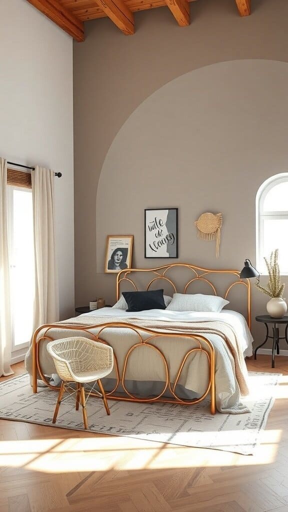 A modern bedroom featuring an artistic copper bed frame with curved design, a cozy chair, and stylish decor.