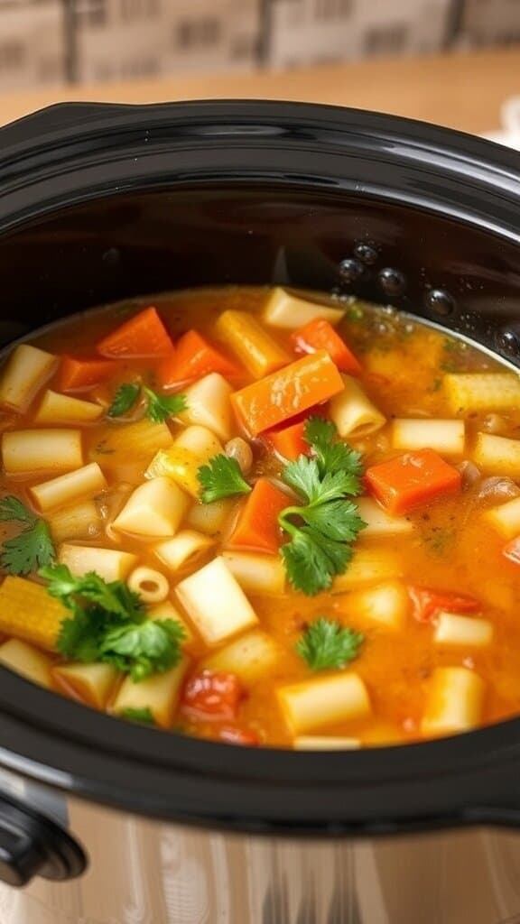 Crockpot filled with canned soup and vegetables