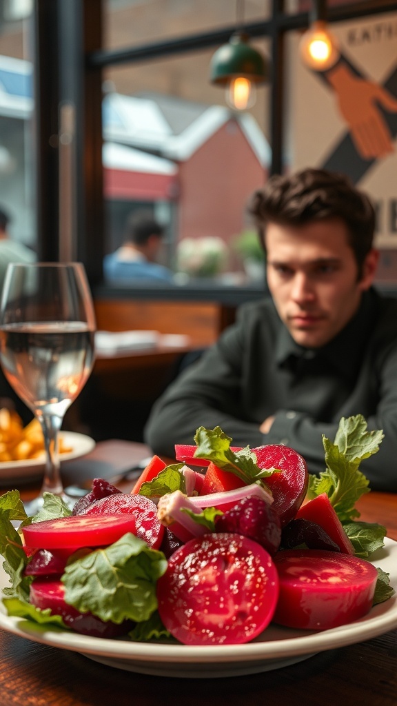 A colorful beet salad with greens and red onion, with a diner looking on thoughtfully.