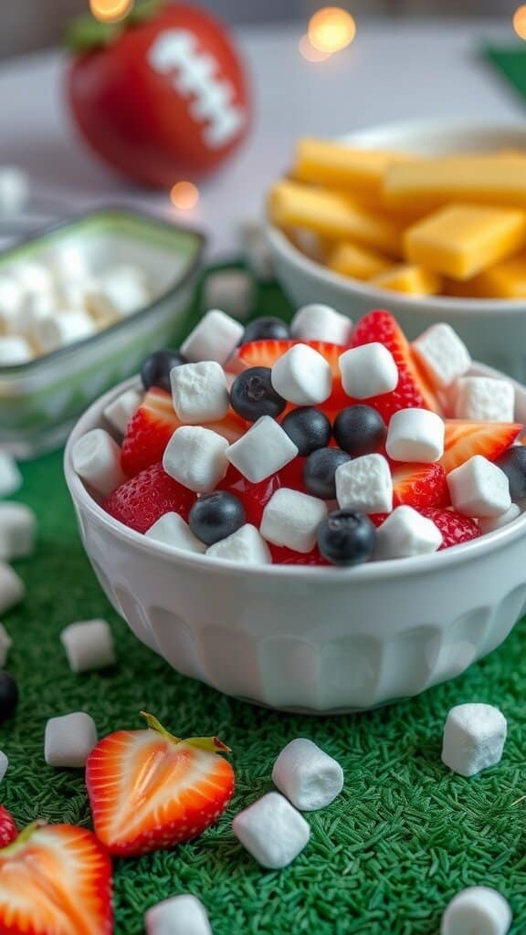 A colorful bowl of fruit salad with strawberries, blueberries, and marshmallows, set against a festive background.