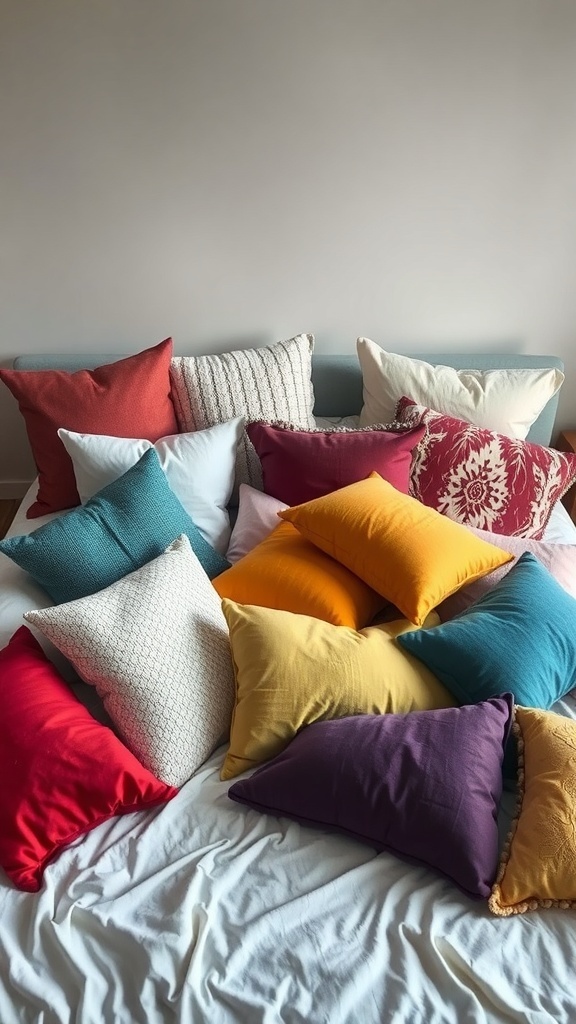 A bed covered with an excessive number of colorful throw pillows.