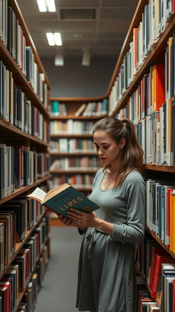 A woman reading a book in a library surrounded by shelves of books