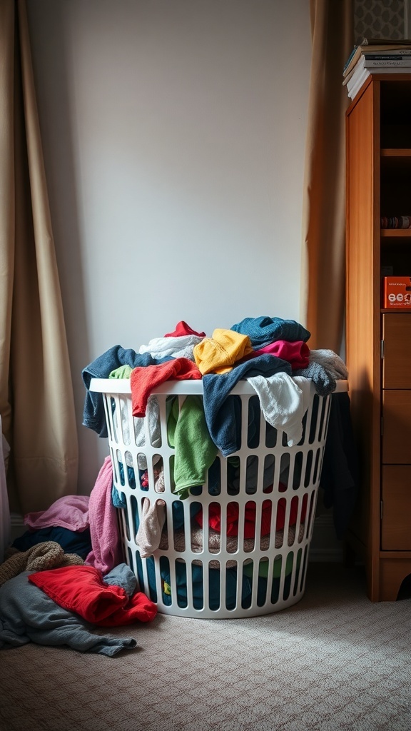 A laundry basket overflowing with colorful clothes in a bedroom setting.