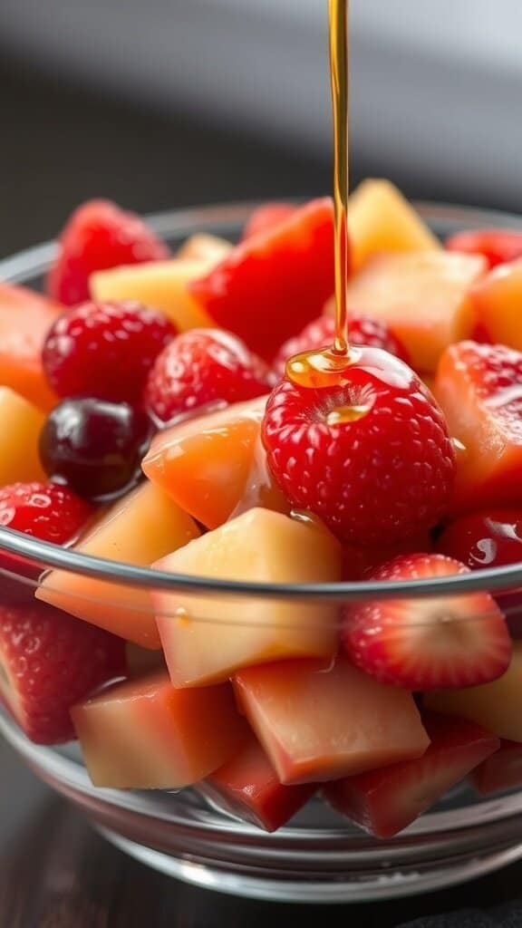 A bowl of fruit salad with strawberries, blueberries, and apples, drizzled with syrup.