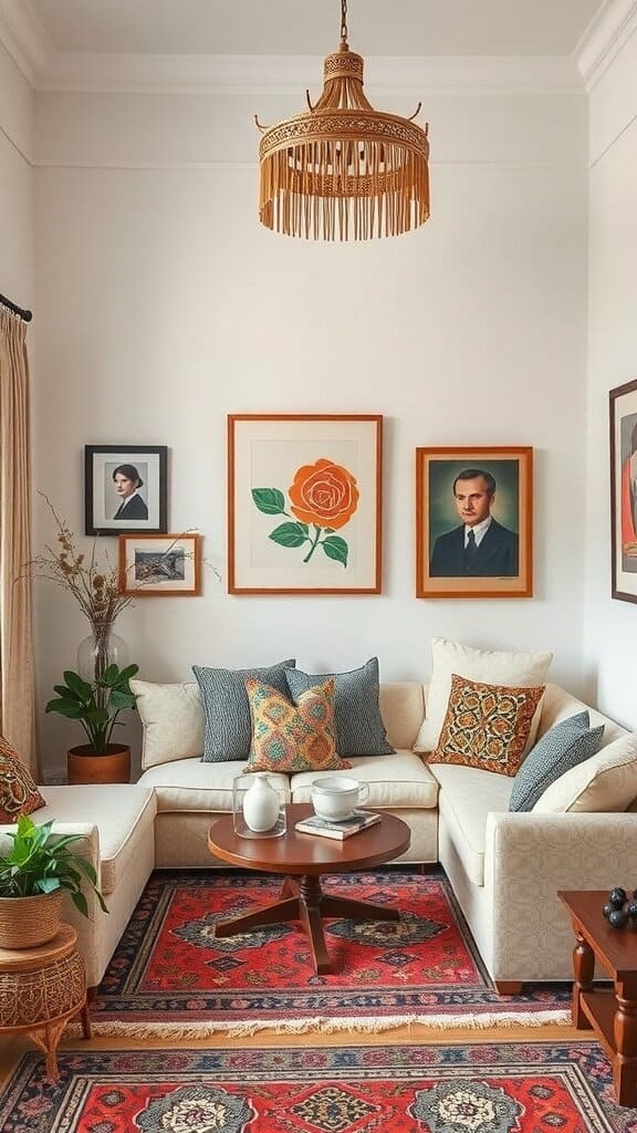 A cozy living room featuring cultural artwork, a comfortable sectional sofa, and a vibrant rug.