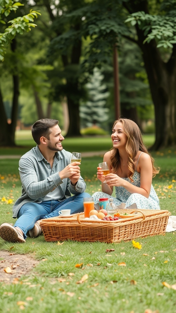 A couple enjoying a picnic in a park, laughing and sharing drinks.
