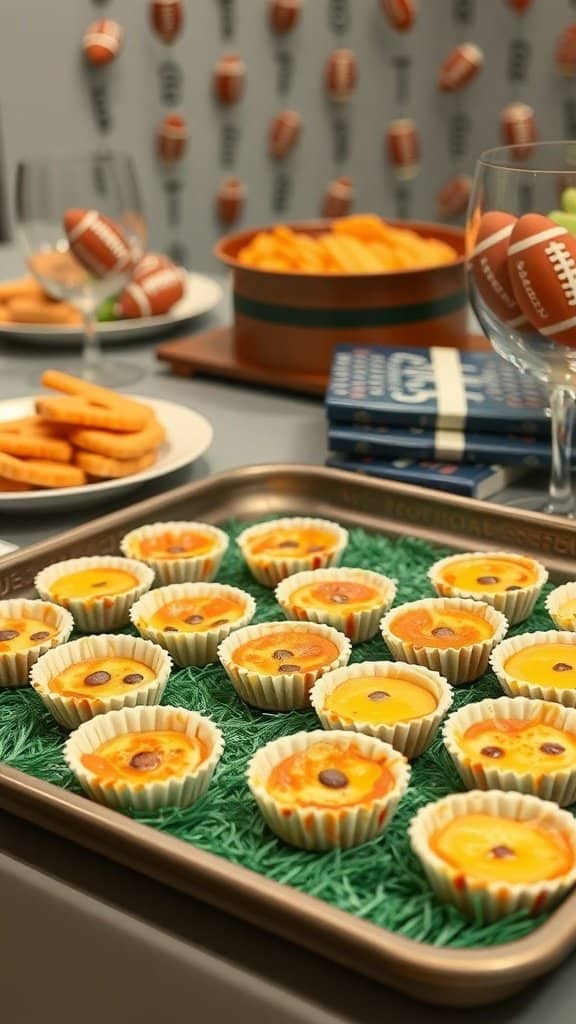 A tray of mini quiches on a green grass-like surface, surrounded by football-themed snacks.