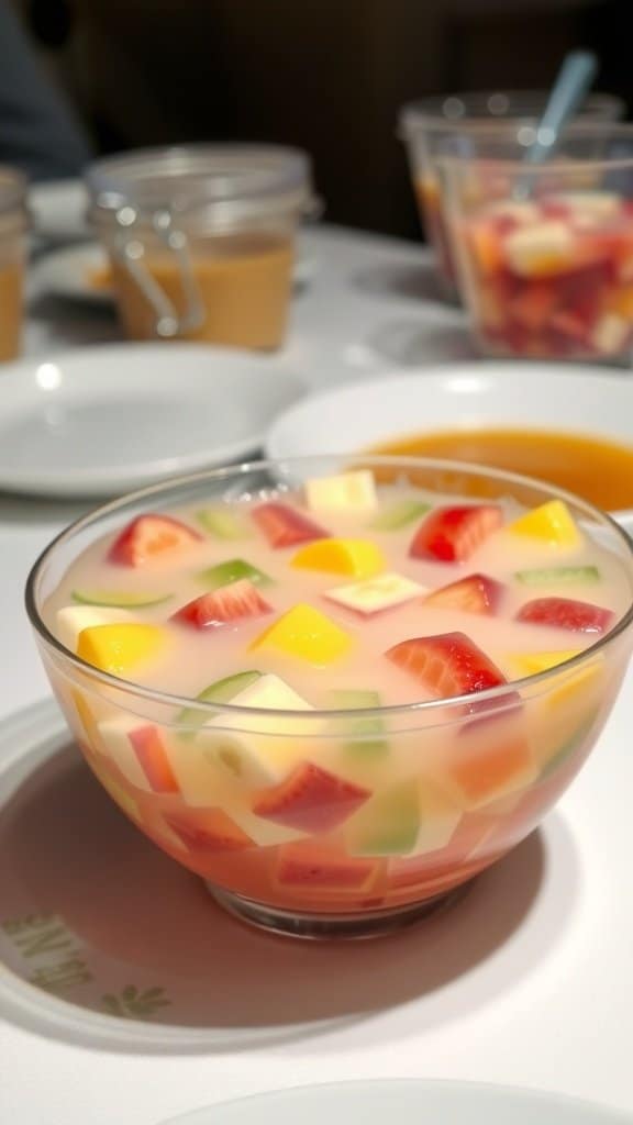 A colorful bowl of Jell-O salad with fruit pieces