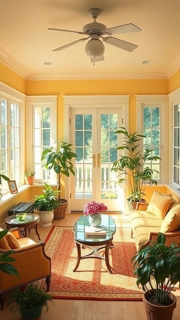 A sunroom with pale yellow walls, plants, and cozy furniture.