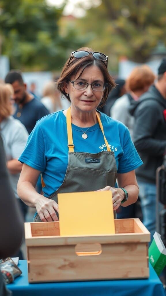 A woman volunteering at a community event, focused on her task.