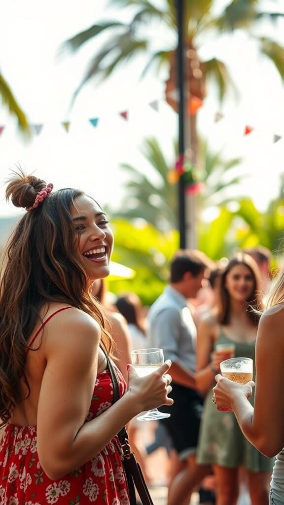 A woman with long hair in a red floral dress smiling and holding a drink, surrounded by a lively crowd and palm trees.