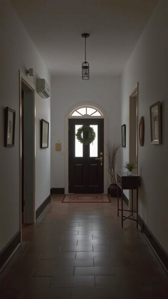 A simple hallway with a black door, minimal decor, and a small table on the side.