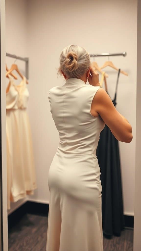 A woman trying on a dress in a dressing room, looking at her reflection.
