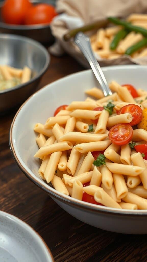 A bowl of dry pasta salad with cherry tomatoes and herbs.